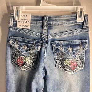 NWT Telepatía Women's Mid Rise Wide Leg Jeans Skulls Roses Embroidery Bling 5/27